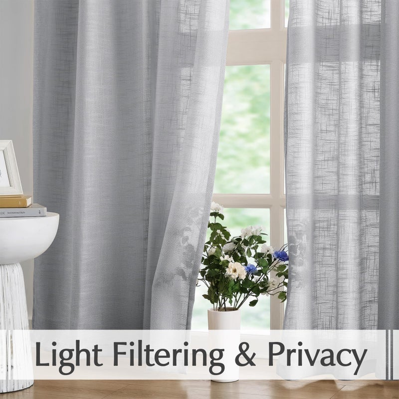 FMFUNCTEX Linen Semi Sheer Curtains for Bedroom, Grey Curtains 63 Inch Length for Living Room, Country Farmhouse Sheer Drapes, Light Filtering Window Curtain, Grommet Top 2 Panels - Image 3